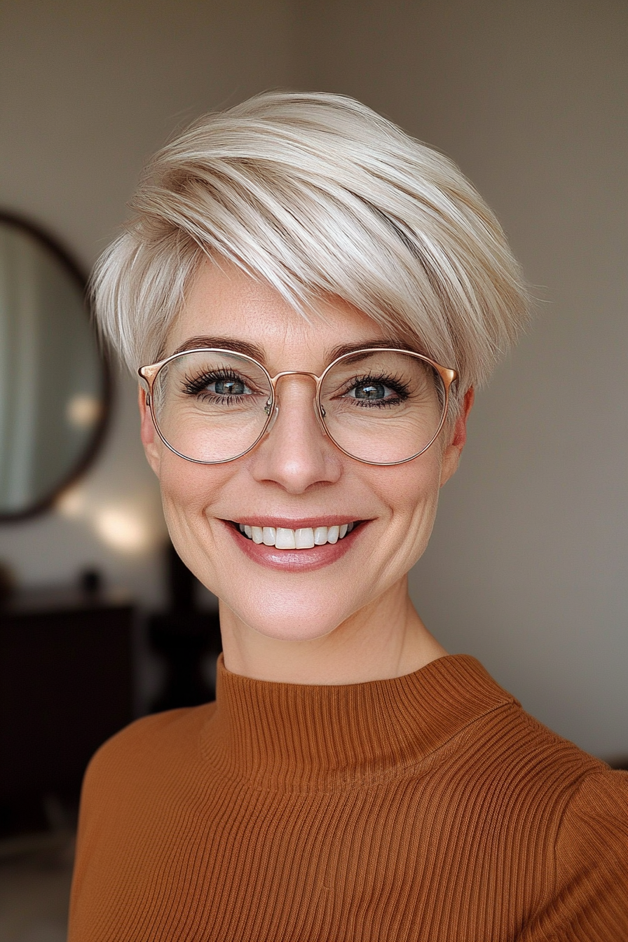 16. Layered Platinum Pixie (Pixie Haircuts For Women Over 50 With Glasses) - Pixie Haircuts For Women Over 50 With Glasses