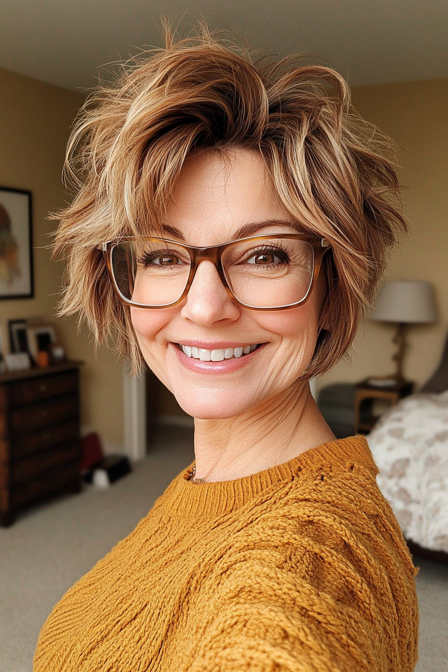17. Messy Caramel Pixie (Pixie Haircuts For Women Over 50 With Glasses) - Pixie Haircuts For Women Over 50 With Glasses