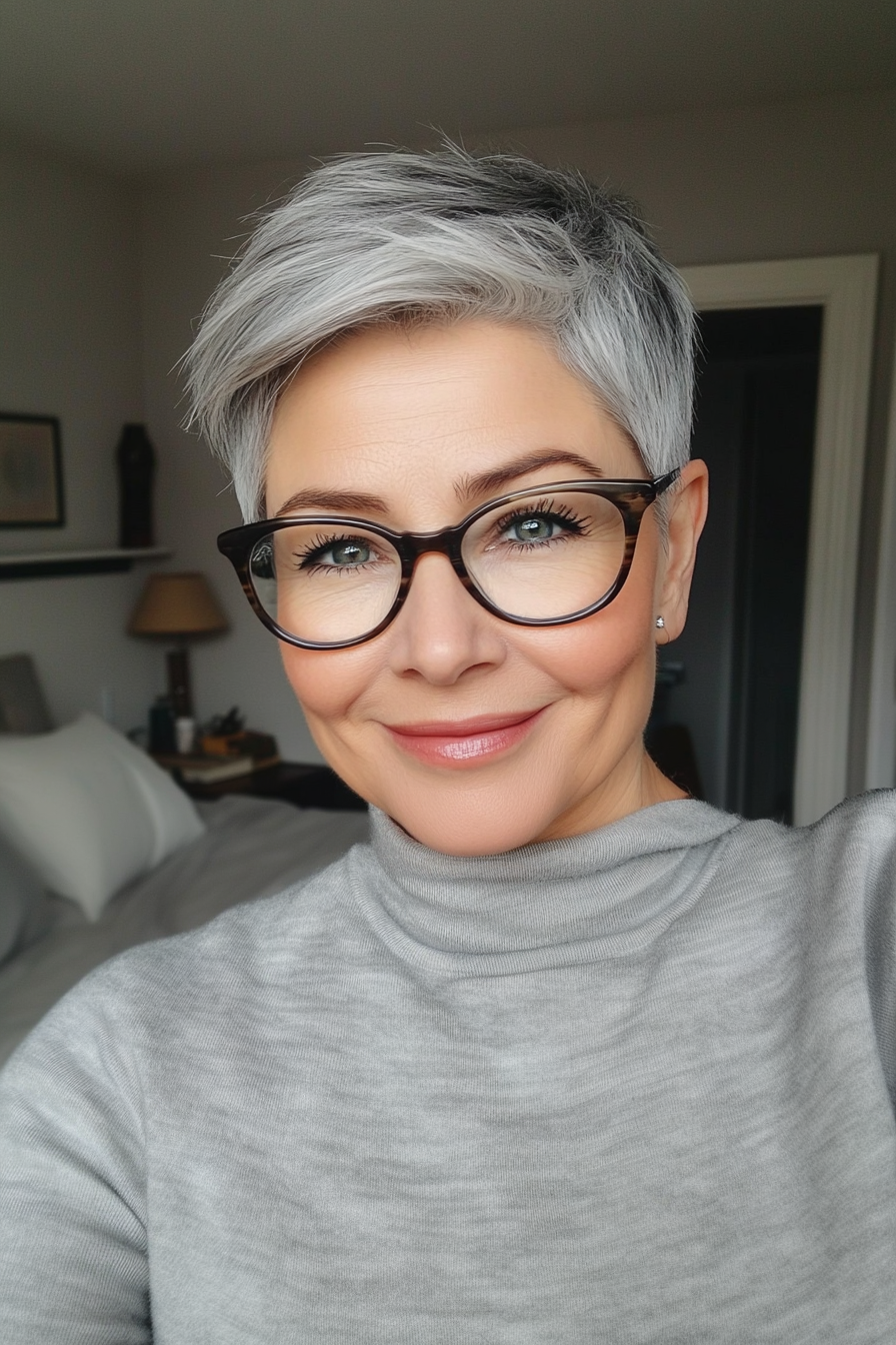 19. Tapered Natural Gray Pixie (Pixie Haircuts For Women Over 50 With Glasses) - Pixie Haircuts For Women Over 50 With Glasses