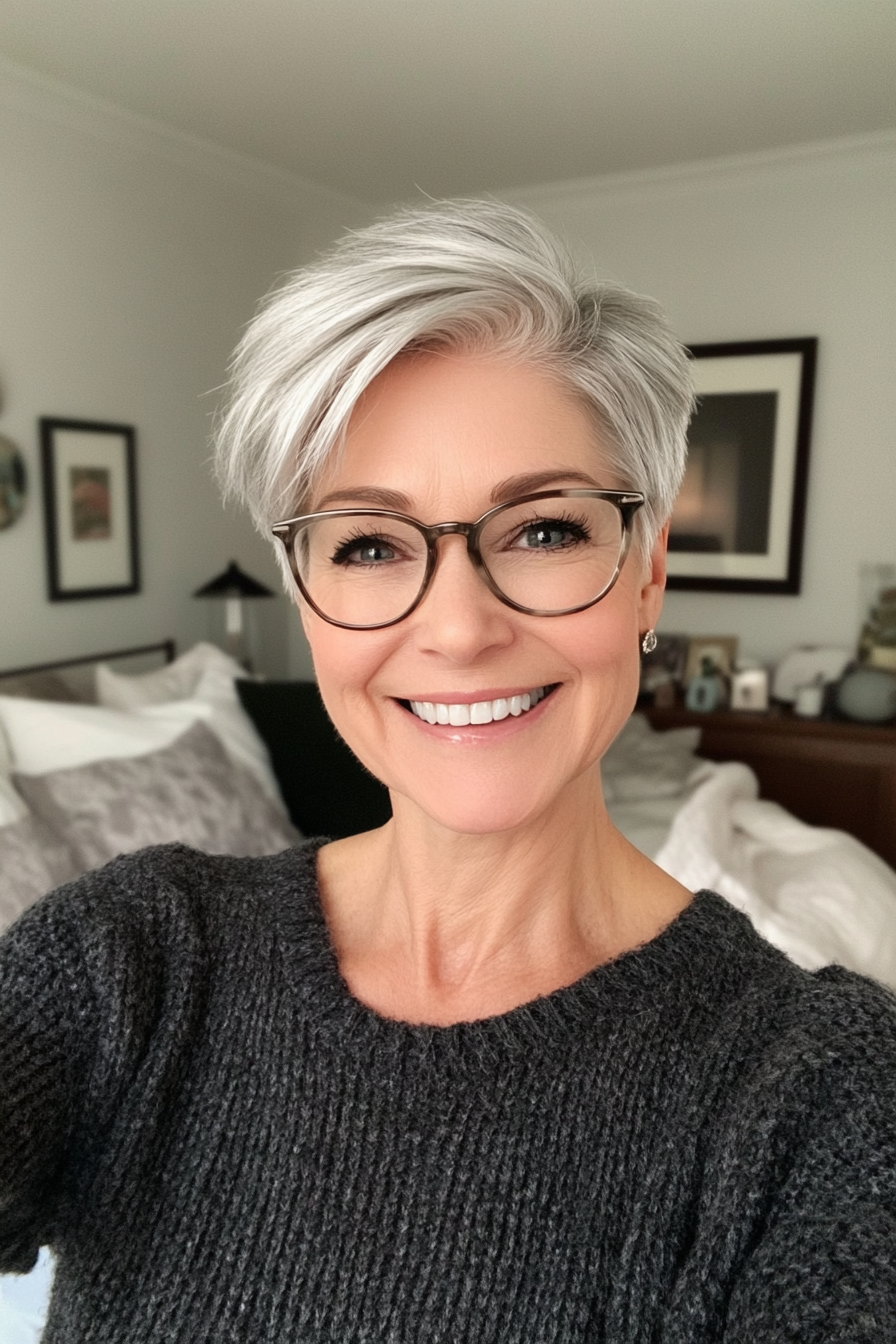 24. Brushed Forward Silver Blonde Pixie (Pixie Haircuts For Women Over 50 With Glasses) - Pixie Haircuts For Women Over 50 With Glasses