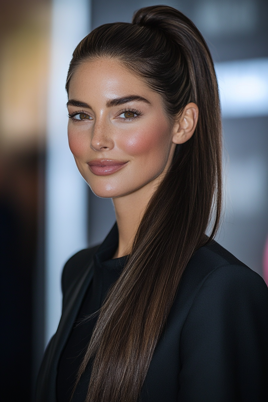 1. Classic Sleek Ponytail with Soft Brunette Shine (Ponytail Hairstyles Women Over 40) - Ponytail Hairstyles Women Over 40