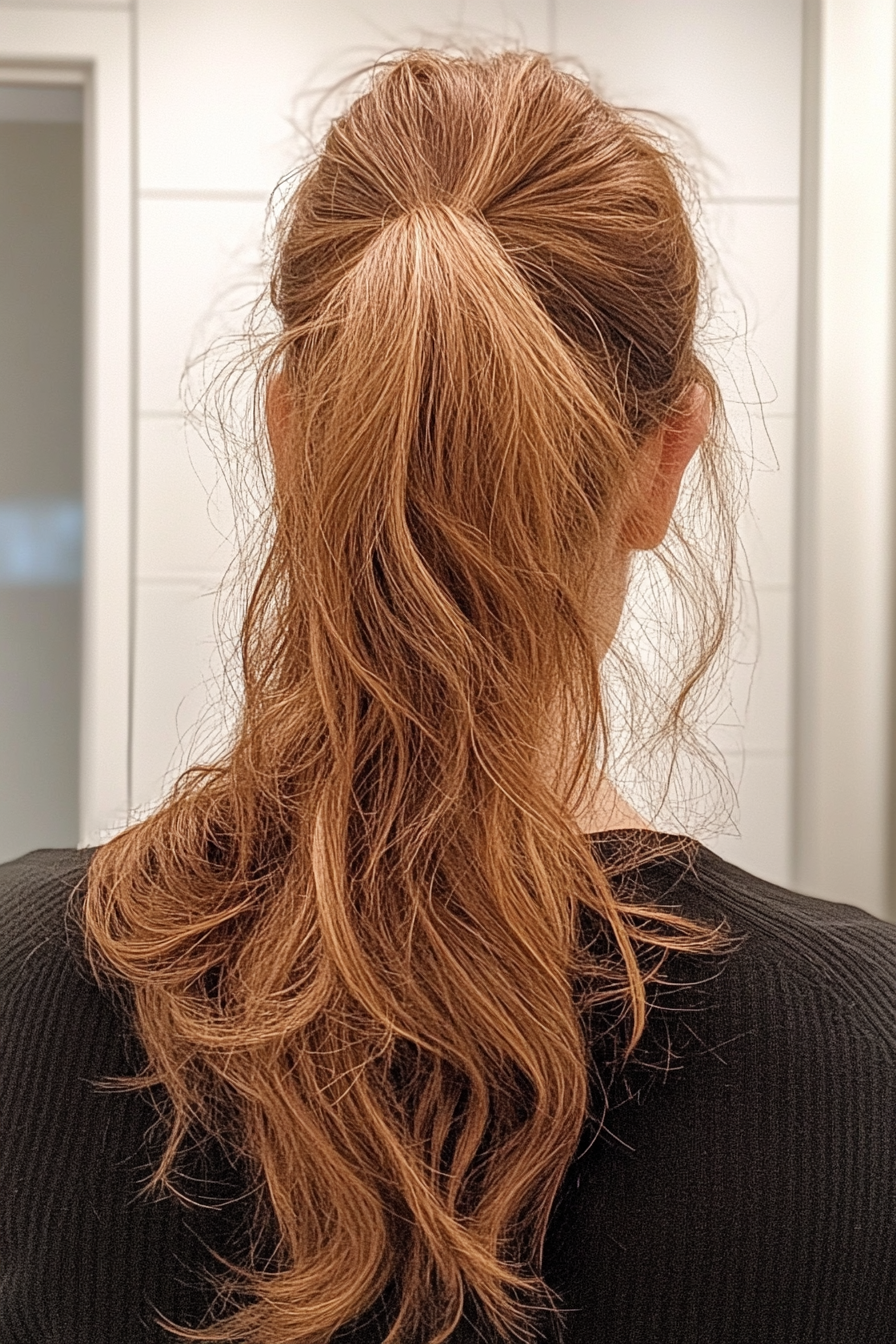 3. Textured Mid-Height Ponytail with Warm Chestnut Waves (Ponytail Hairstyles Women Over 40) - Ponytail Hairstyles Women Over 40