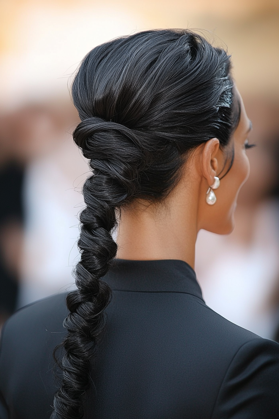 4. Twisted Ponytail in Rich Black (Ponytail Hairstyles Women Over 40) - Ponytail Hairstyles Women Over 40