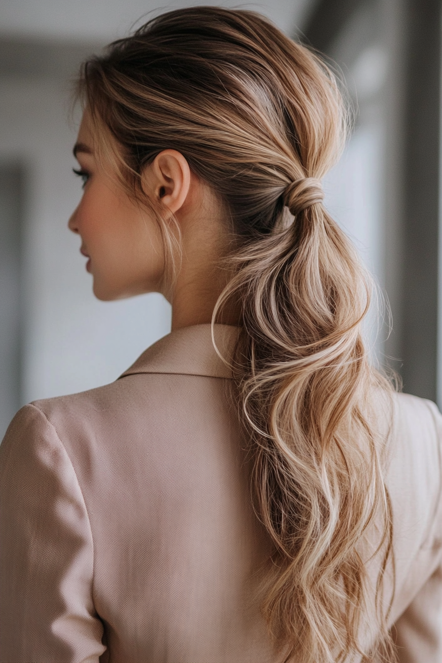 6. Tousled Ponytail with Ash Brown Streaks (Ponytail Hairstyles Women Over 40) - Ponytail Hairstyles Women Over 40