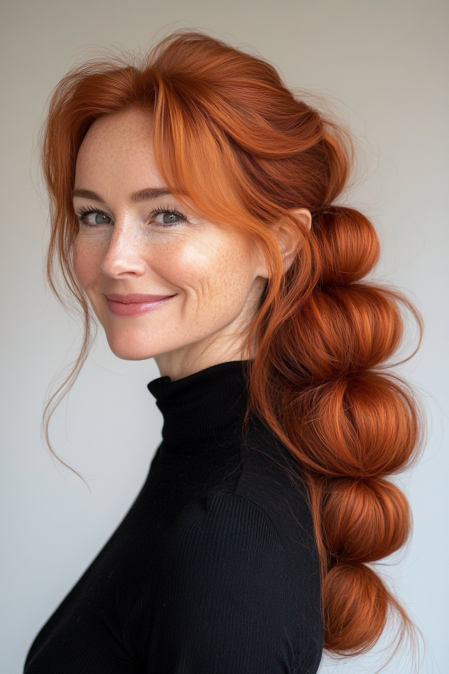 9. Bubble Ponytail with Natural Auburn Hue (Ponytail Hairstyles Women Over 40) - Ponytail Hairstyles Women Over 40