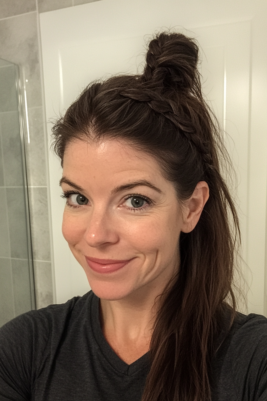 10. Braided Base Ponytail in Cool Dark Brown (Ponytail Hairstyles Women Over 40) - Ponytail Hairstyles Women Over 40