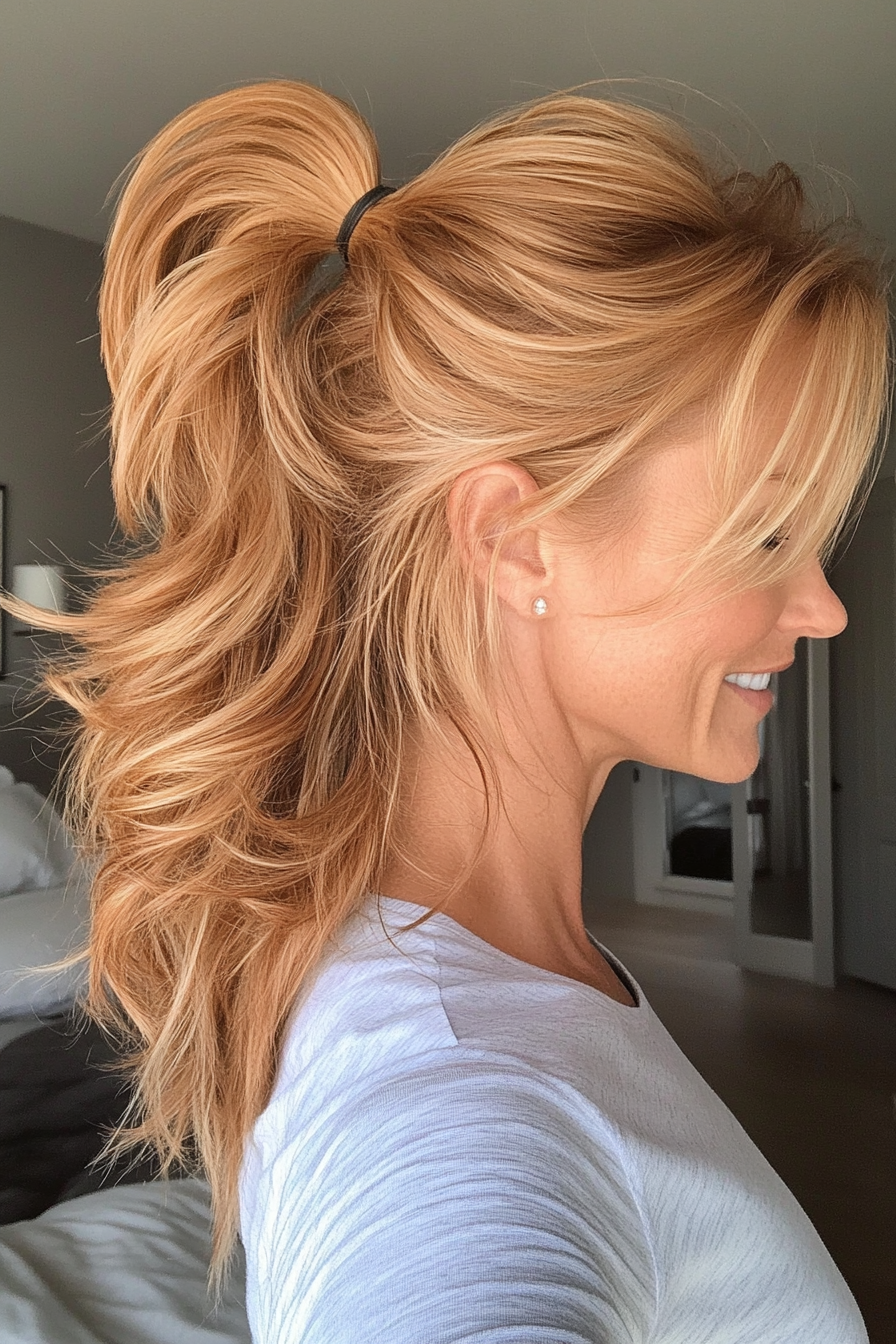 11. Messy Mid Ponytail in Honey Blonde (Ponytail Hairstyles Women Over 40) - Ponytail Hairstyles Women Over 40