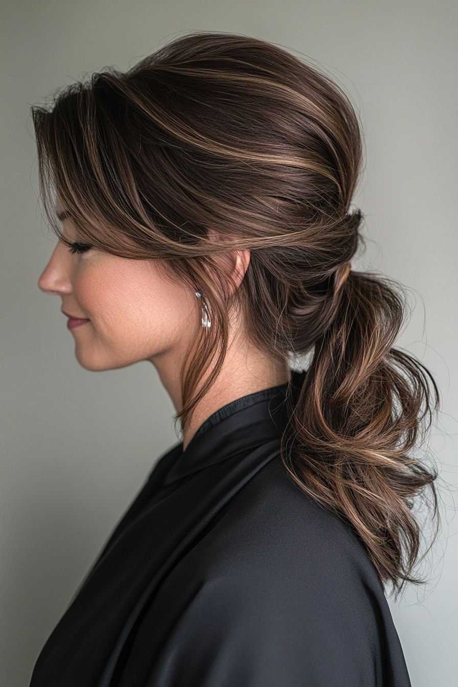 13. Low Side Ponytail with Deep Mahogany Layers (Ponytail Hairstyles Women Over 40) - Ponytail Hairstyles Women Over 40