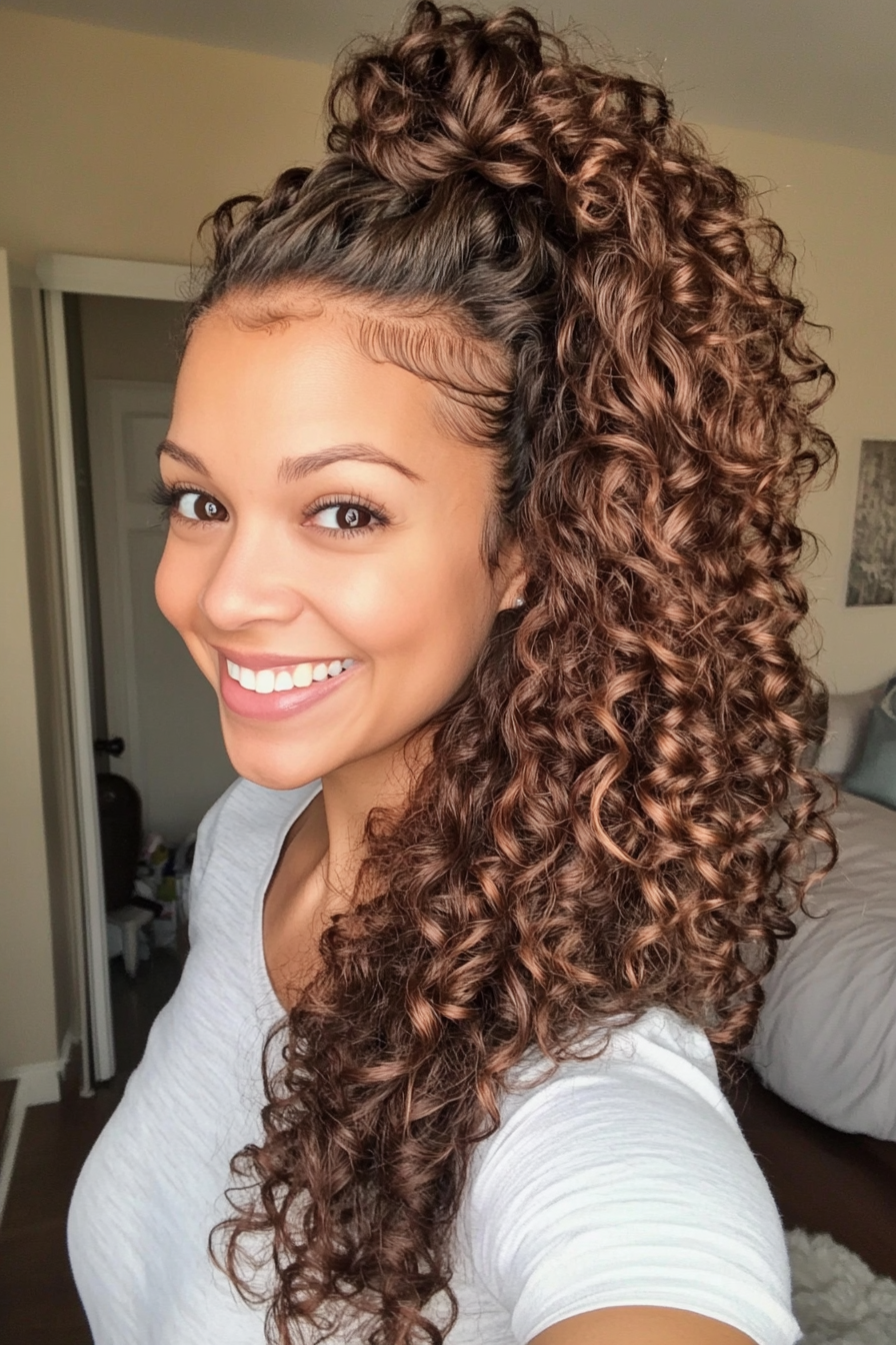 15. Curly High Ponytail in Medium Brown (Ponytail Hairstyles Women Over 40) - Ponytail Hairstyles Women Over 40
