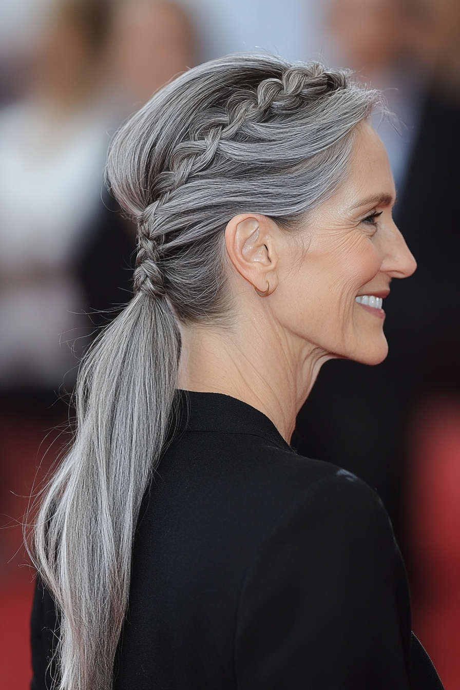 16. Braided Crown Ponytail in Natural Gray (Ponytail Hairstyles Women Over 40) - Ponytail Hairstyles Women Over 40