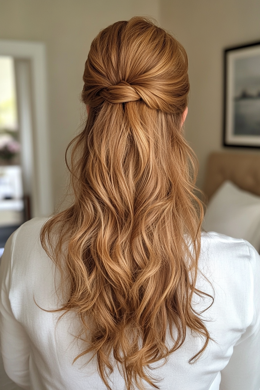 17. Pulled-Back Wavy Ponytail in Light Chestnut (Ponytail Hairstyles Women Over 40) - Ponytail Hairstyles Women Over 40