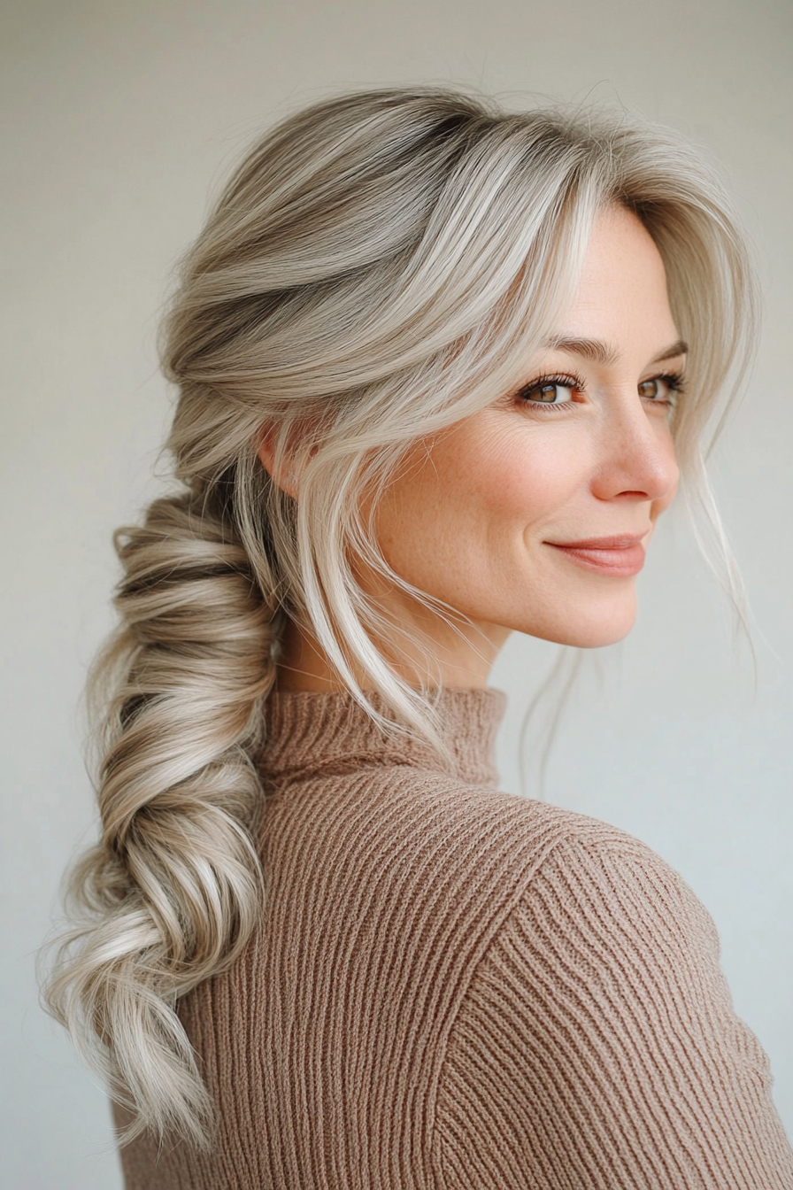 18. Twist and Tuck Ponytail in Ash Blonde (Ponytail Hairstyles Women Over 40) - Ponytail Hairstyles Women Over 40