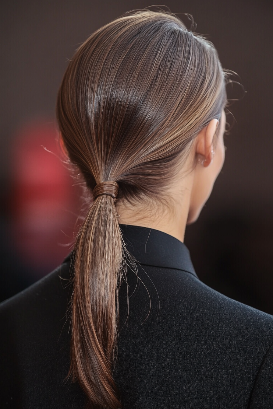 19. Minimalist Sleek Low Ponytail in Classic Brown (Ponytail Hairstyles Women Over 40) - Ponytail Hairstyles Women Over 40
