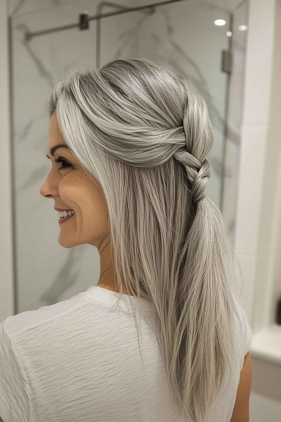 21. Half Braided Ponytail in Silver Gray (Ponytail Hairstyles Women Over 40) - Ponytail Hairstyles Women Over 40