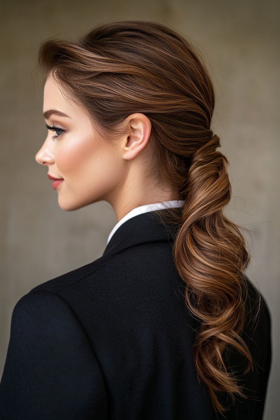 22. French Twist Ponytail in Warm Brown (Ponytail Hairstyles Women Over 40) - Ponytail Hairstyles Women Over 40