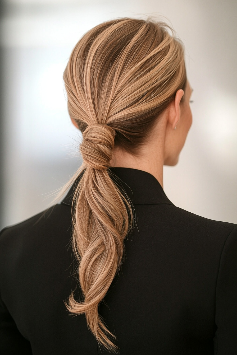 24. Low Knotted Ponytail in Natural Blonde (Ponytail Hairstyles Women Over 40) - Ponytail Hairstyles Women Over 40