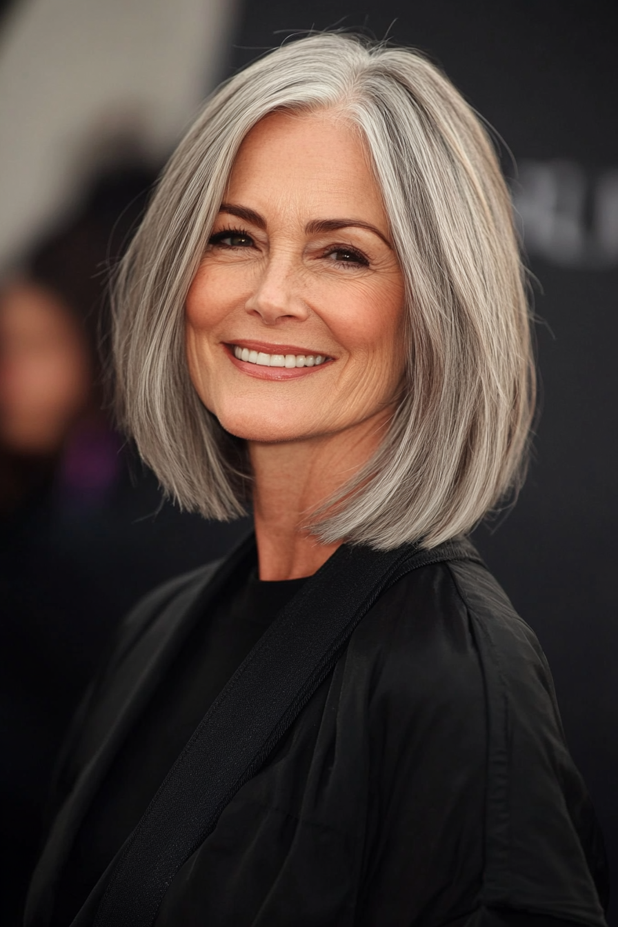 1. Layered Salt and Pepper Bob with Chestnut Roots (Salt And Pepper Hairstyles For Women Over 50) - Salt And Pepper Hairstyles For Women Over 50