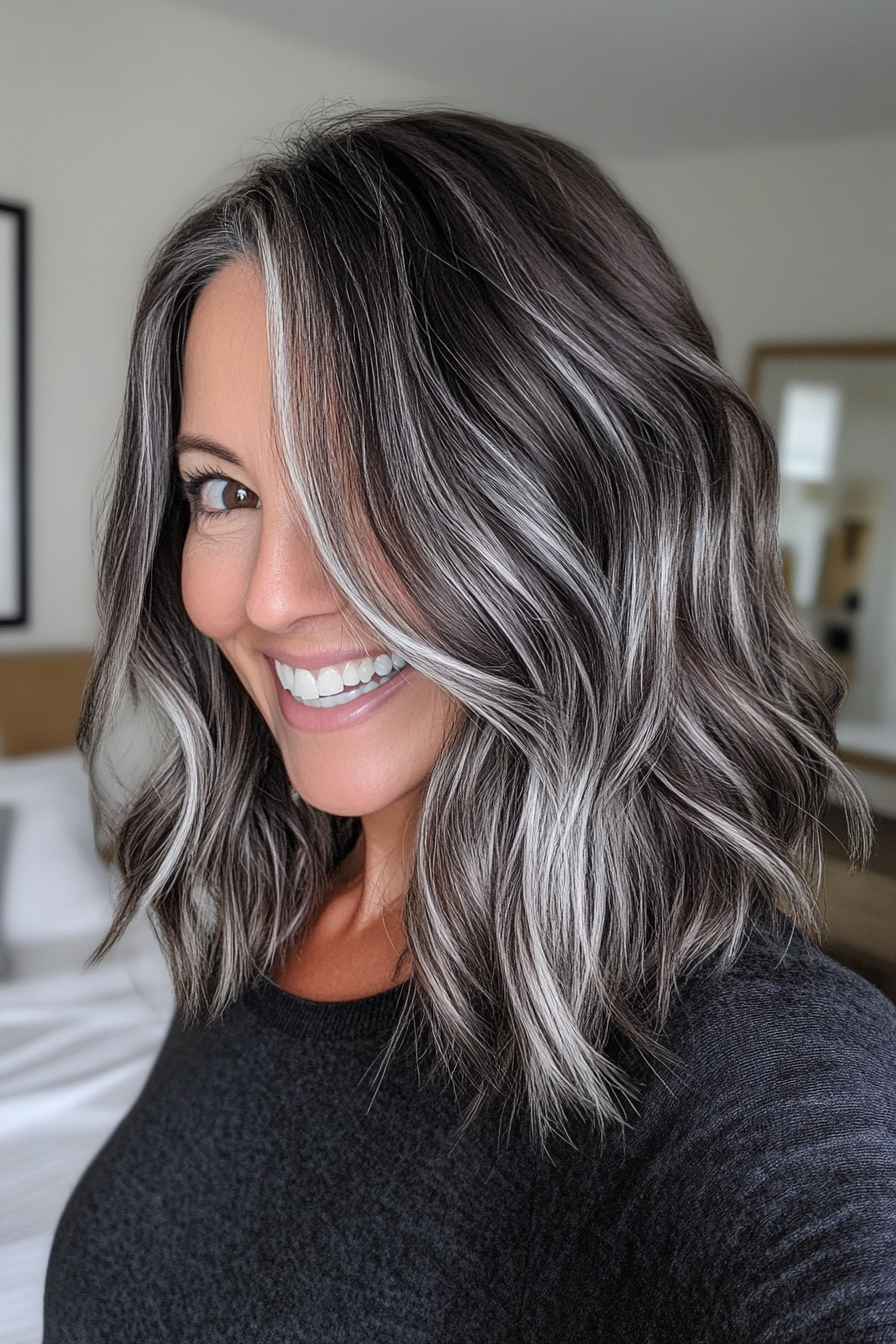 2. Wavy Salt and Pepper Lob with Dark Brown Base (Salt And Pepper Hairstyles For Women Over 50) - Salt And Pepper Hairstyles For Women Over 50