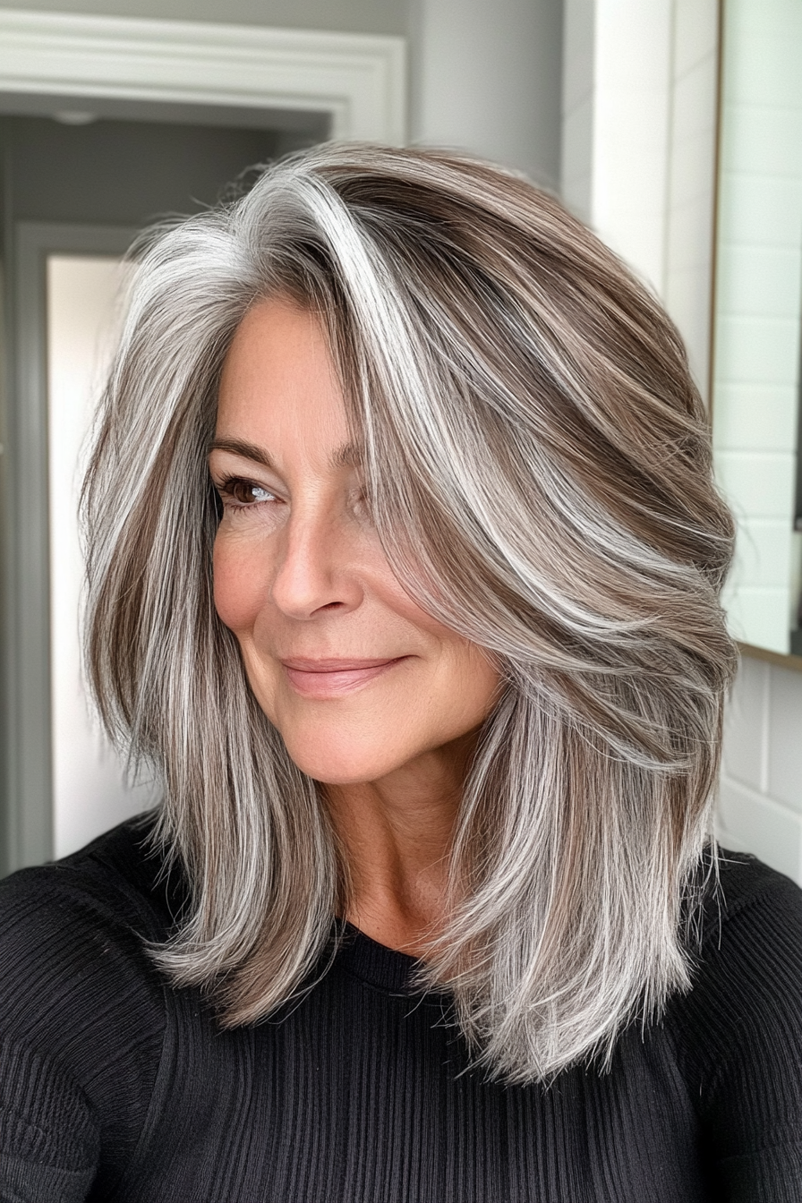 4. Feathered Shoulder-Length Salt and Pepper Layers with Warm Brown Tones (Salt And Pepper Hairstyles For Women Over 50) - Salt And Pepper Hairstyles For Women Over 50