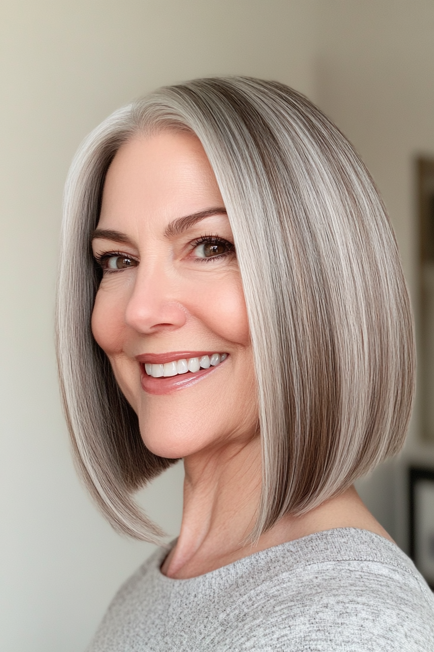 5. Classic Straight Salt and Pepper Bob with Natural Brunette Blend (Salt And Pepper Hairstyles For Women Over 50) - Salt And Pepper Hairstyles For Women Over 50