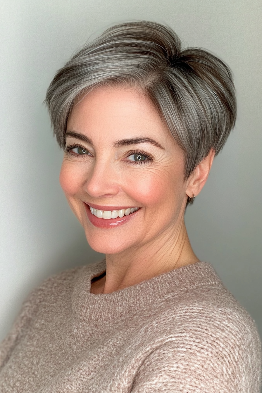 7. Short Tapered Salt and Pepper Cut with Deep Brown Lowlights (Salt And Pepper Hairstyles For Women Over 50) - Salt And Pepper Hairstyles For Women Over 50