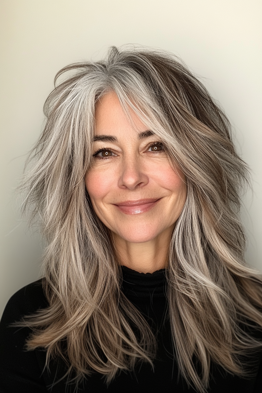 8. Shaggy Salt and Pepper Cut with Honey Brown Hints (Salt And Pepper Hairstyles For Women Over 50) - Salt And Pepper Hairstyles For Women Over 50