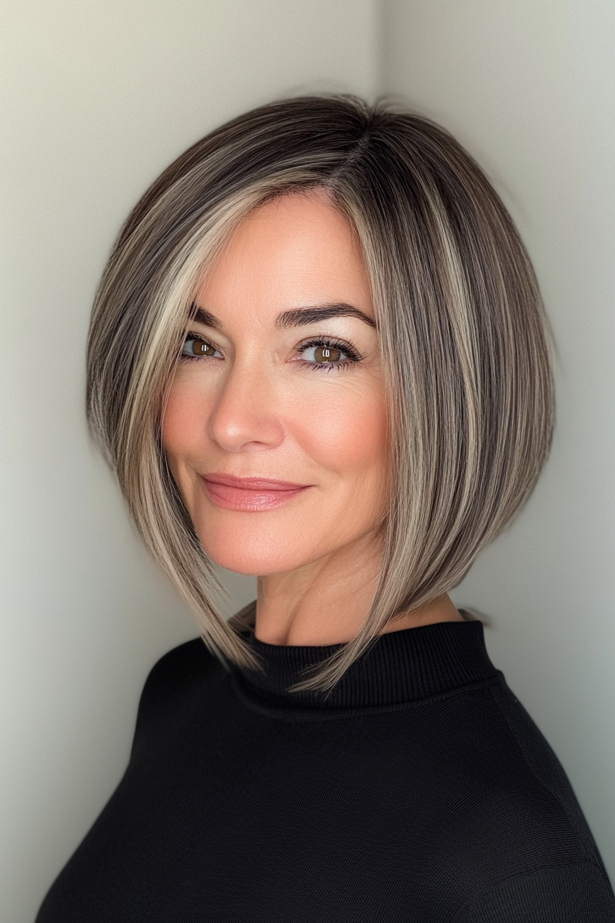 9. Angled Salt and Pepper Bob with Mocha Brown Roots (Salt And Pepper Hairstyles For Women Over 50) - Salt And Pepper Hairstyles For Women Over 50