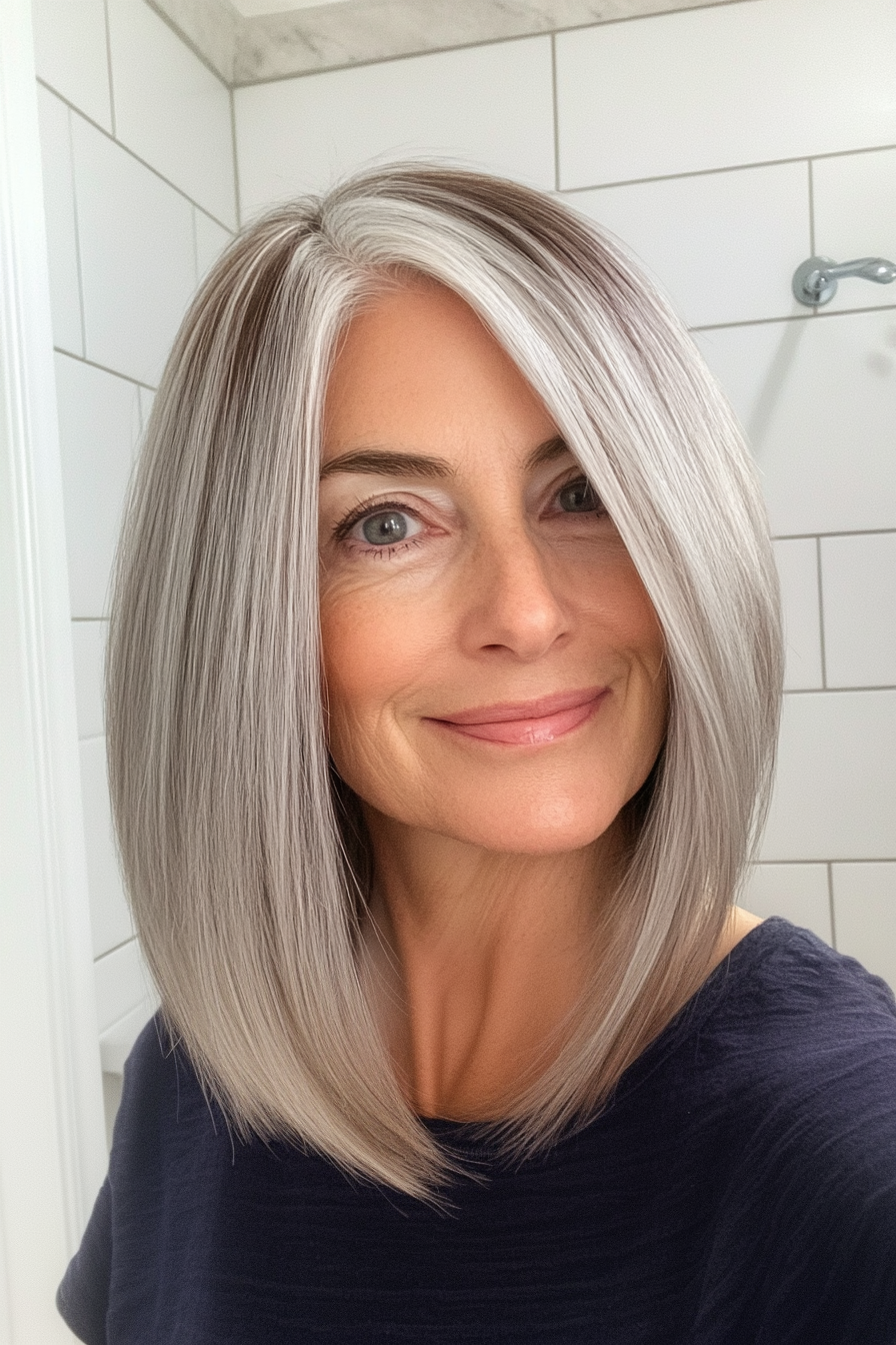 10. Chin-Length Salt and Pepper Cut with Ash Brown Depth (Salt And Pepper Hairstyles For Women Over 50) - Salt And Pepper Hairstyles For Women Over 50