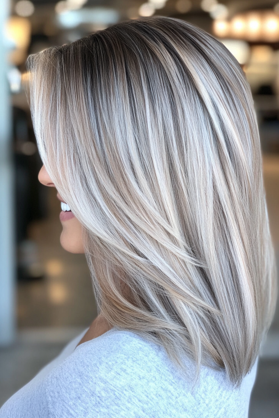 12. Sleek Layered Salt and Pepper Lob with Cocoa Brown Highlights (Salt And Pepper Hairstyles For Women Over 50) - Salt And Pepper Hairstyles For Women Over 50