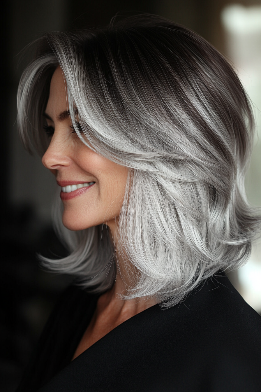 13. Stacked Salt and Pepper Bob with Dark Ash Brown Roots (Salt And Pepper Hairstyles For Women Over 50) - Salt And Pepper Hairstyles For Women Over 50