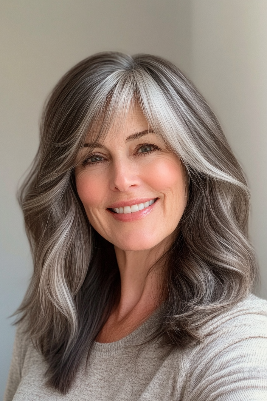 14. Side-Swept Bangs with Salt and Pepper Layers and Deep Walnut Hues (Salt And Pepper Hairstyles For Women Over 50) - Salt And Pepper Hairstyles For Women Over 50