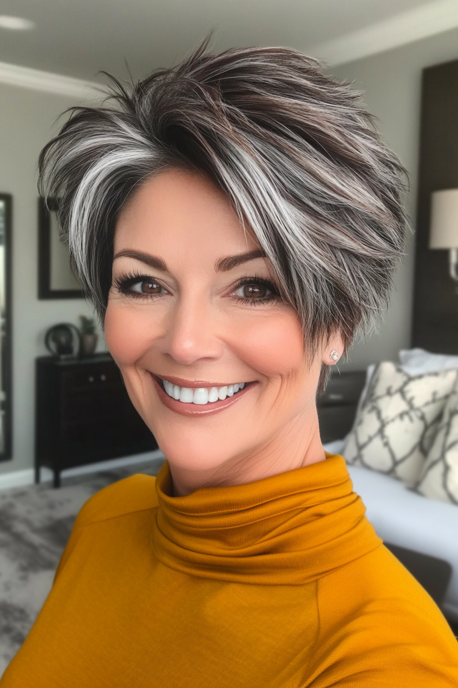 16. Voluminous Salt and Pepper Pixie with Chocolate Brown Touches (Salt And Pepper Hairstyles For Women Over 50) - Salt And Pepper Hairstyles For Women Over 50