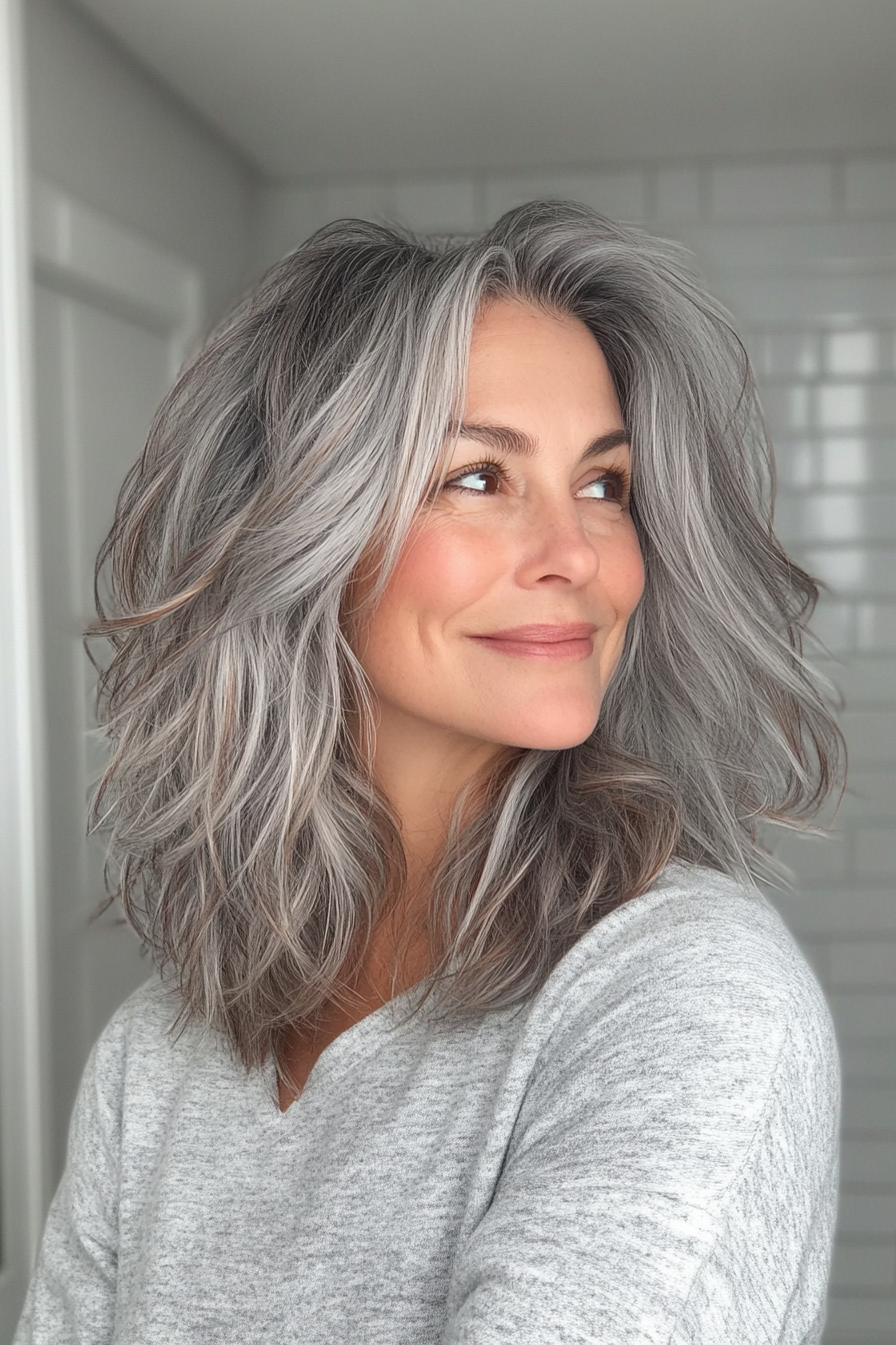 17. Messy Salt and Pepper Shag with Caramel Brown Strands (Salt And Pepper Hairstyles For Women Over 50) - Salt And Pepper Hairstyles For Women Over 50