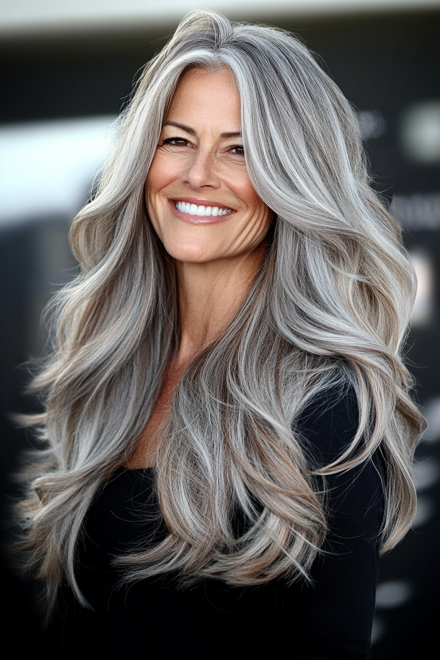 18. Elegant Long Salt and Pepper Layers with Light Brown Swoops (Salt And Pepper Hairstyles For Women Over 50) - Salt And Pepper Hairstyles For Women Over 50