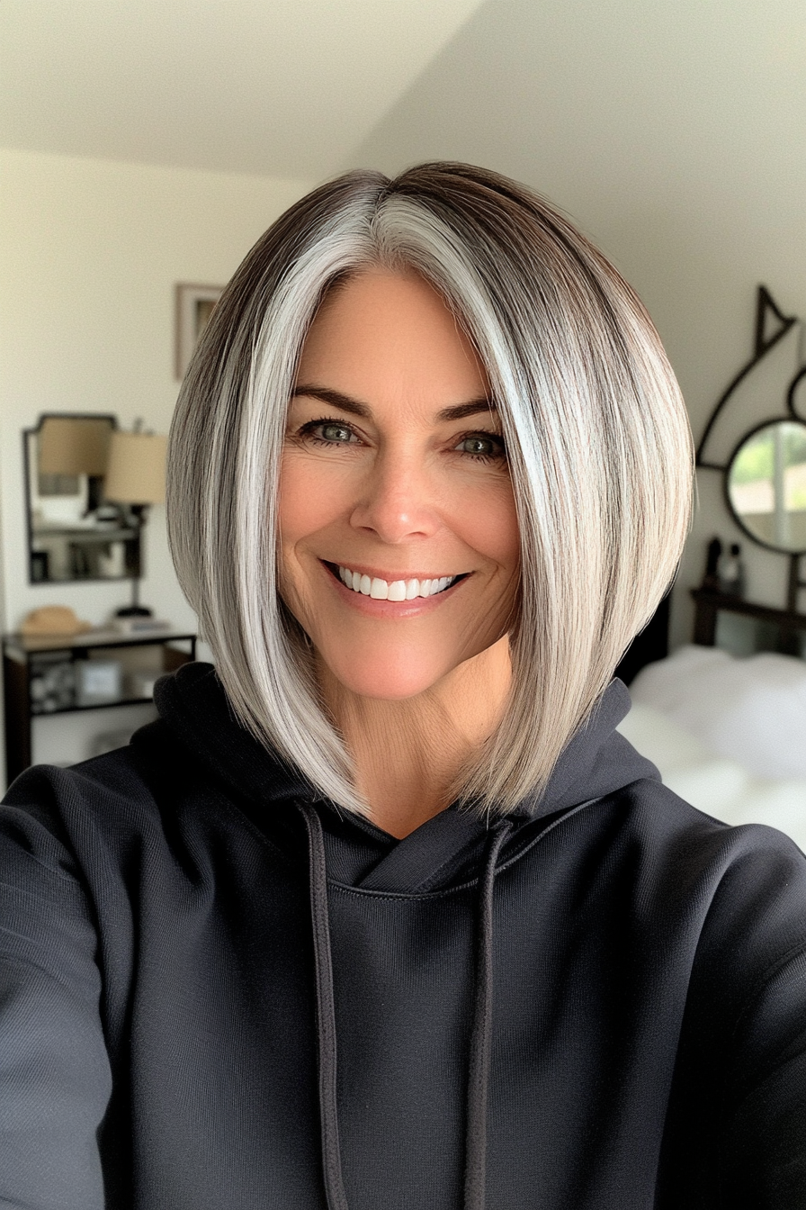 19. Asymmetrical Salt and Pepper Bob with Dark Chestnut Base (Salt And Pepper Hairstyles For Women Over 50) - Salt And Pepper Hairstyles For Women Over 50