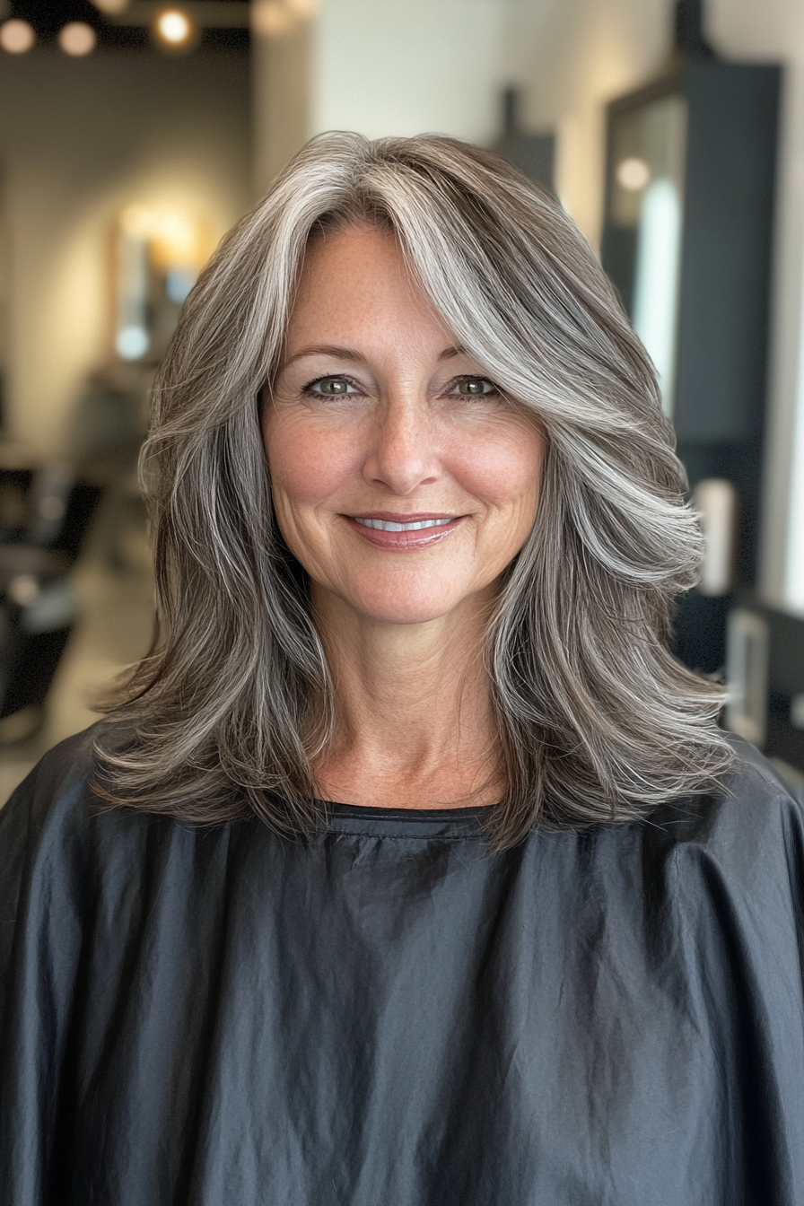 20. Layered Shoulder-Length Cut with Milk Chocolate Brown Infusion (Salt And Pepper Hairstyles For Women Over 50) - Salt And Pepper Hairstyles For Women Over 50