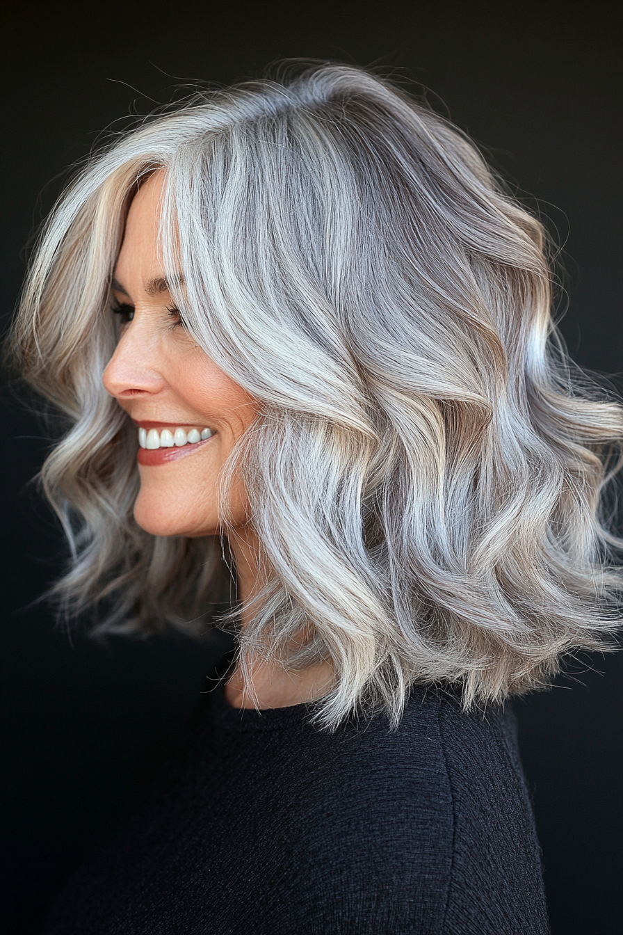 22. Tousled Salt and Pepper Waves with Tawny Brown Undertones (Salt And Pepper Hairstyles For Women Over 50) - Salt And Pepper Hairstyles For Women Over 50