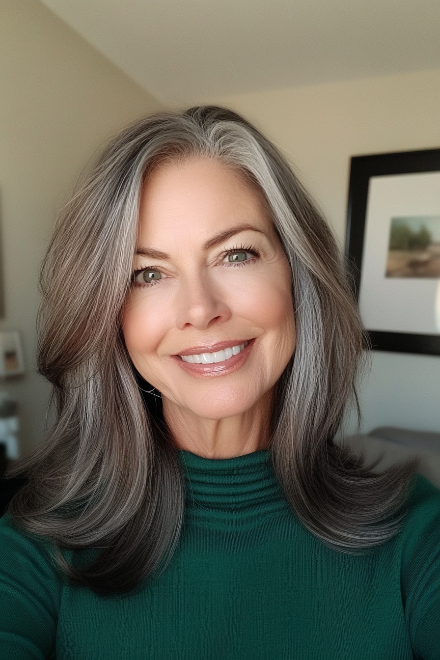 23. Side-Parted Salt and Pepper Lob with Earthy Brown Roots (Salt And Pepper Hairstyles For Women Over 50) - Salt And Pepper Hairstyles For Women Over 50