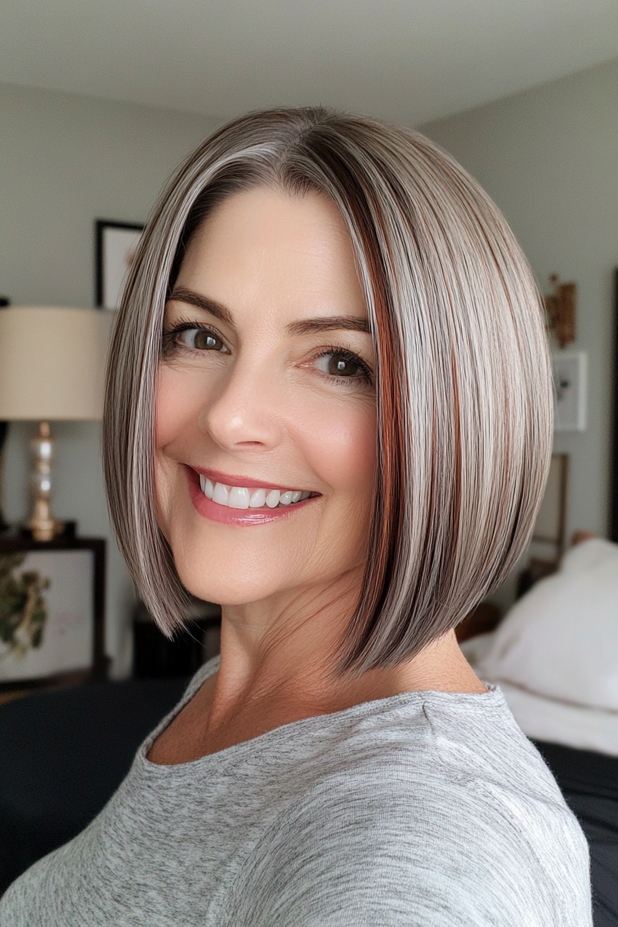 24. Blunt Cut Salt and Pepper Bob with Chestnut Brown Threads (Salt And Pepper Hairstyles For Women Over 50) - Salt And Pepper Hairstyles For Women Over 50