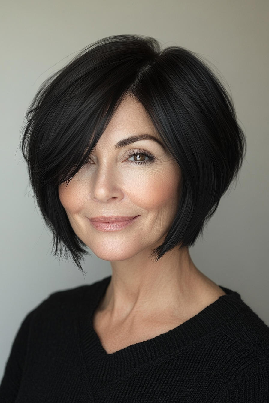 3. Sleek Side-Parted Bob in Natural Black (Short Edgy Haircuts For Women Over 50) - Short Edgy Haircuts For Women Over 50