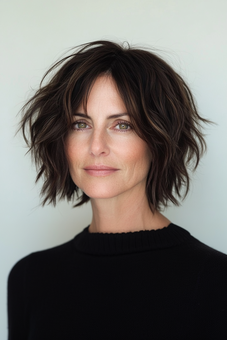 17. Choppy Undone Bob with Deep Mahogany (Short Edgy Haircuts For Women Over 50) - Short Edgy Haircuts For Women Over 50