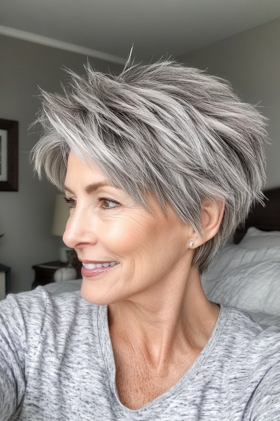 8. Layered Salt and Pepper Spiky Crop (Spiky Hairstyles For Women Over 60) - Spiky Hairstyles For Women Over 60