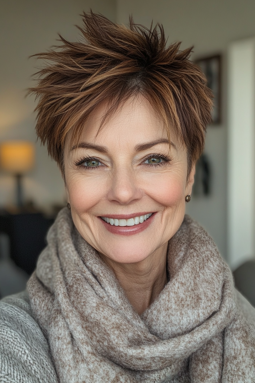 10. Tapered Warm Chestnut Spiky Pixie (Spiky Hairstyles For Women Over 60) - Spiky Hairstyles For Women Over 60