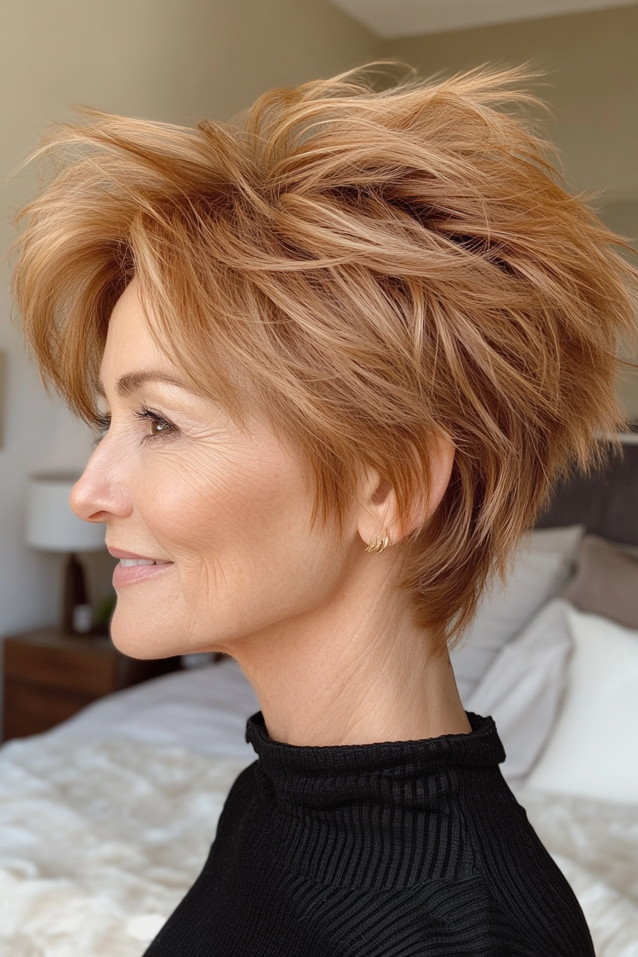 7. Golden Brown Wispy Spikes with Volume (Spiky Short Haircuts For Women Over 60) - Spiky Short Haircuts For Women Over 60