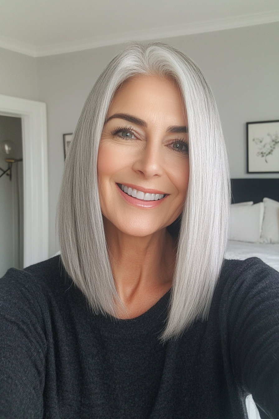 1. Sleek Silver Lob with Soft Ends (Straight Hairstyles For Older Women) - Straight Hairstyles For Older Women