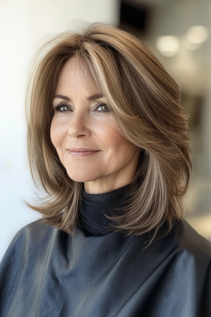 2. Feathered Ash Brown Layers (Straight Hairstyles For Older Women) - Straight Hairstyles For Older Women