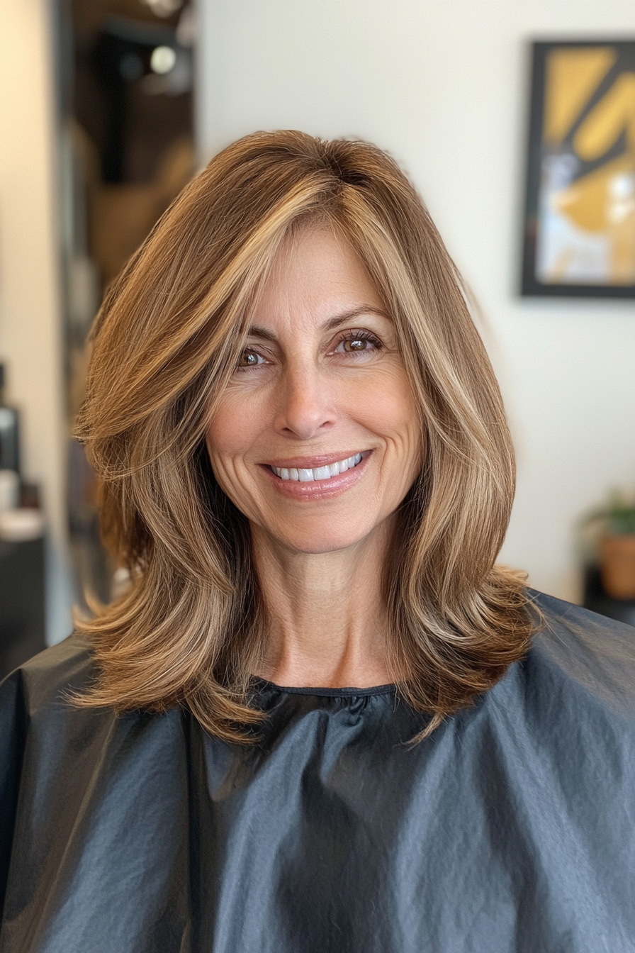5. Layered Tawny Lob with Side Bangs (Straight Hairstyles For Older Women) - Straight Hairstyles For Older Women