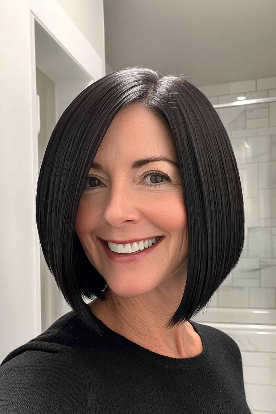 6. Glossy Black Chin-Length Cut (Straight Hairstyles For Older Women) - Straight Hairstyles For Older Women