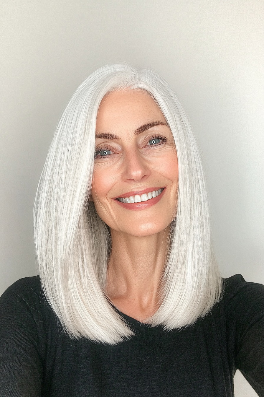 9. Snowy White Long Bob with Minimal Layers (Straight Hairstyles For Older Women) - Straight Hairstyles For Older Women