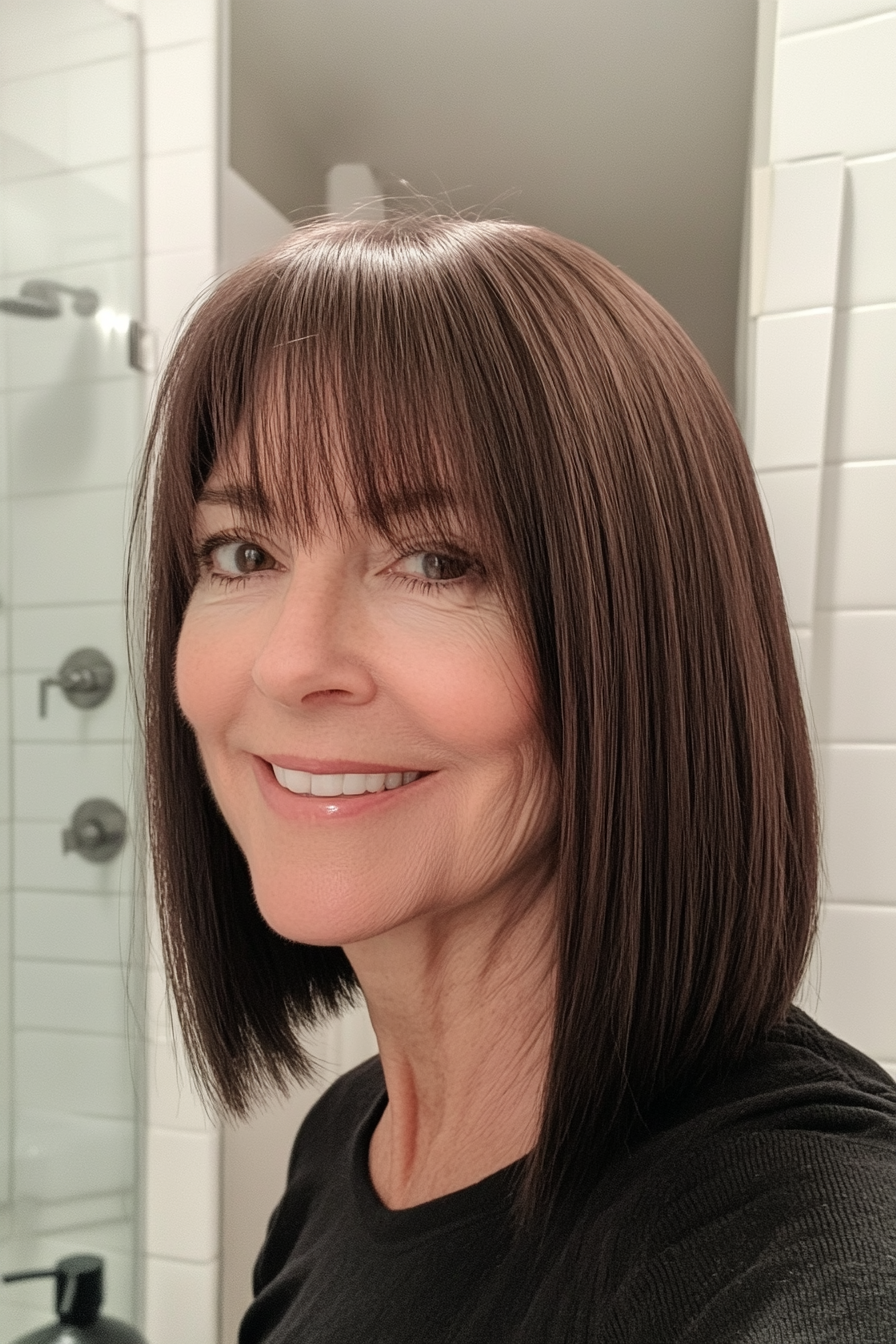 10. Espresso Straight Cut with Light Bangs (Straight Hairstyles For Older Women) - Straight Hairstyles For Older Women